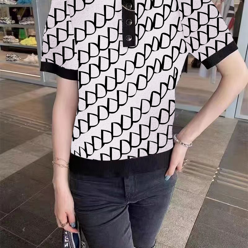 Womens Polos T Shirts Knits Letters Printed Woman Tees For Lady Slim Style Short Sleeves Summer Breathable Tshirts S-L-image-775246079