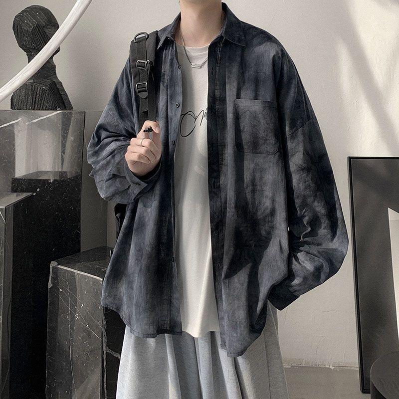 

Men's Casual Shirts Man Woman Japanese Fashion Tie-dye Street Clothes Spring Long-sleeved Shirt Trendy Wild Mid-length Lose Men Coats, Black