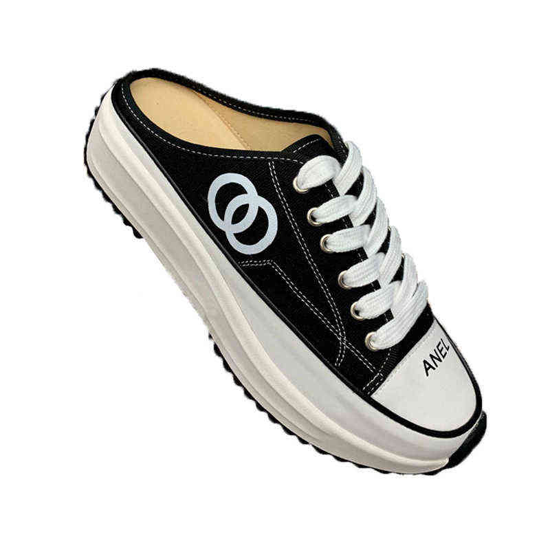 

2022 autumn and winter new style small fragrance thick bottom half dragging mandarin duck shoelace graffiti lazy person pedals on muffin, Black