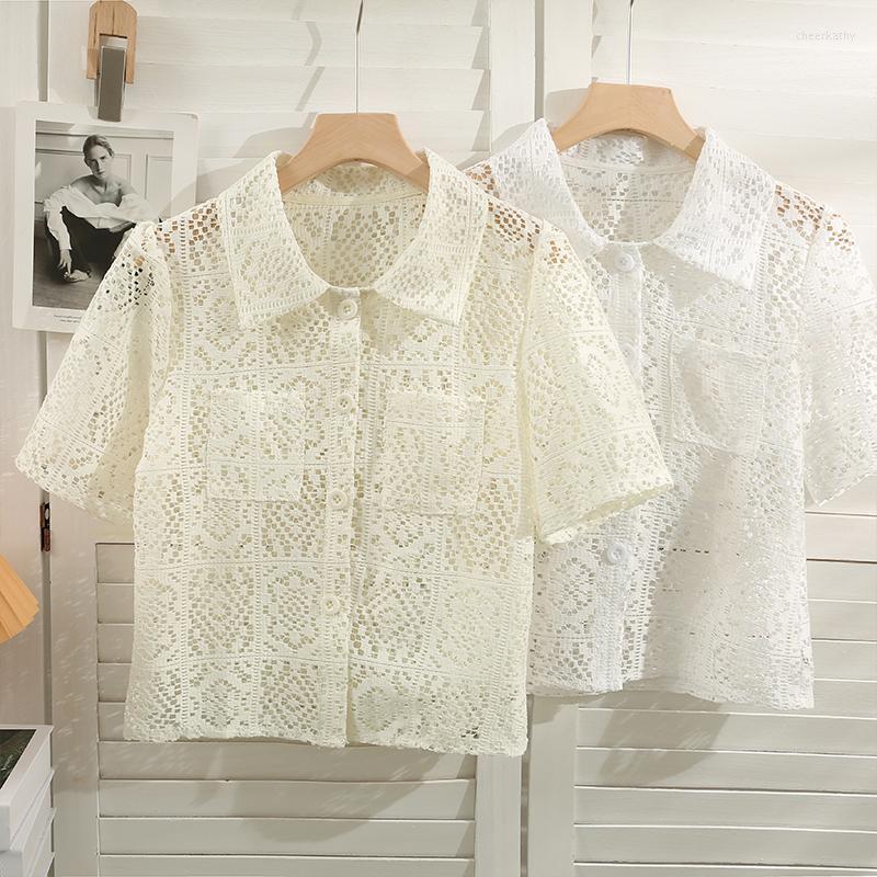

Women's Blouses & Shirts Hollow Shirt Crochet Pocket Solid Color Blouse Woman Button Short Sleeve Sweet Women Female Clothing DropWomen's Ch, White