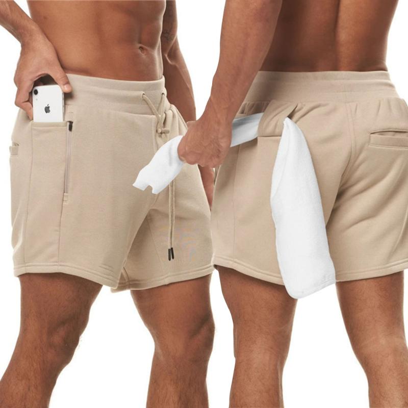 

Men's Shorts High Quality Cotton Sweat Breathable Running Short Pockets Leisure Sport Built-in Hips Zipper PocketsMen's