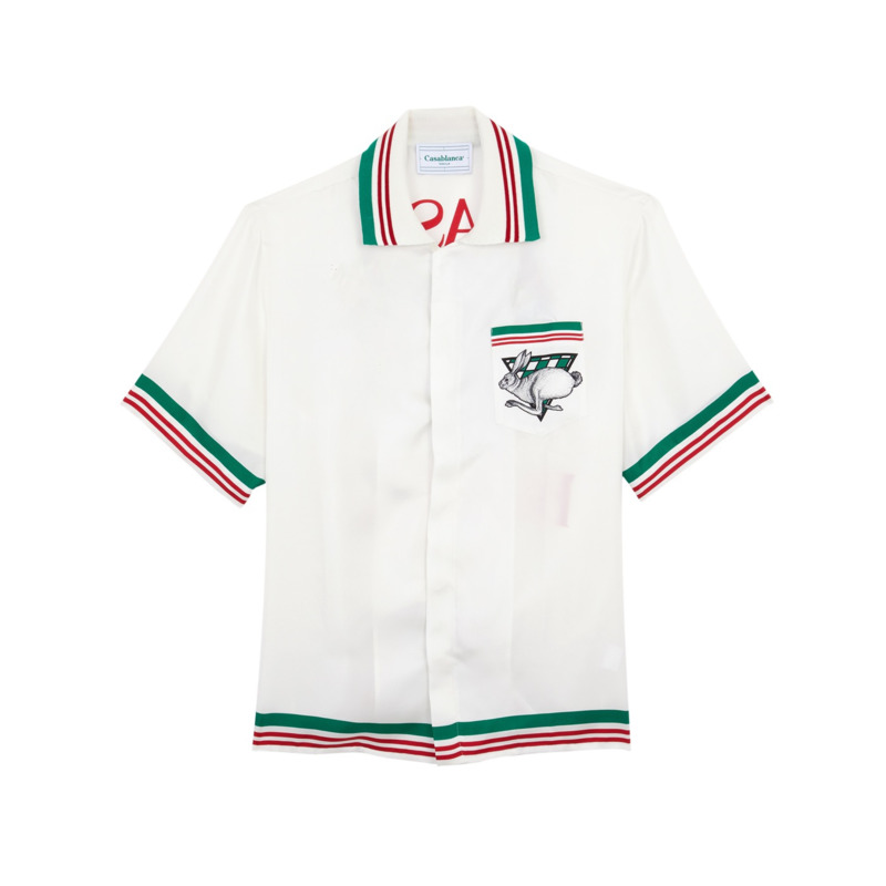 

Men' Designer Luxury Brand Shirts Street Fashion Casablanca Hawaiian Tennis Racket Stripe Color Matching Silk Satin Short Sleeve Shirt Men and Women, White