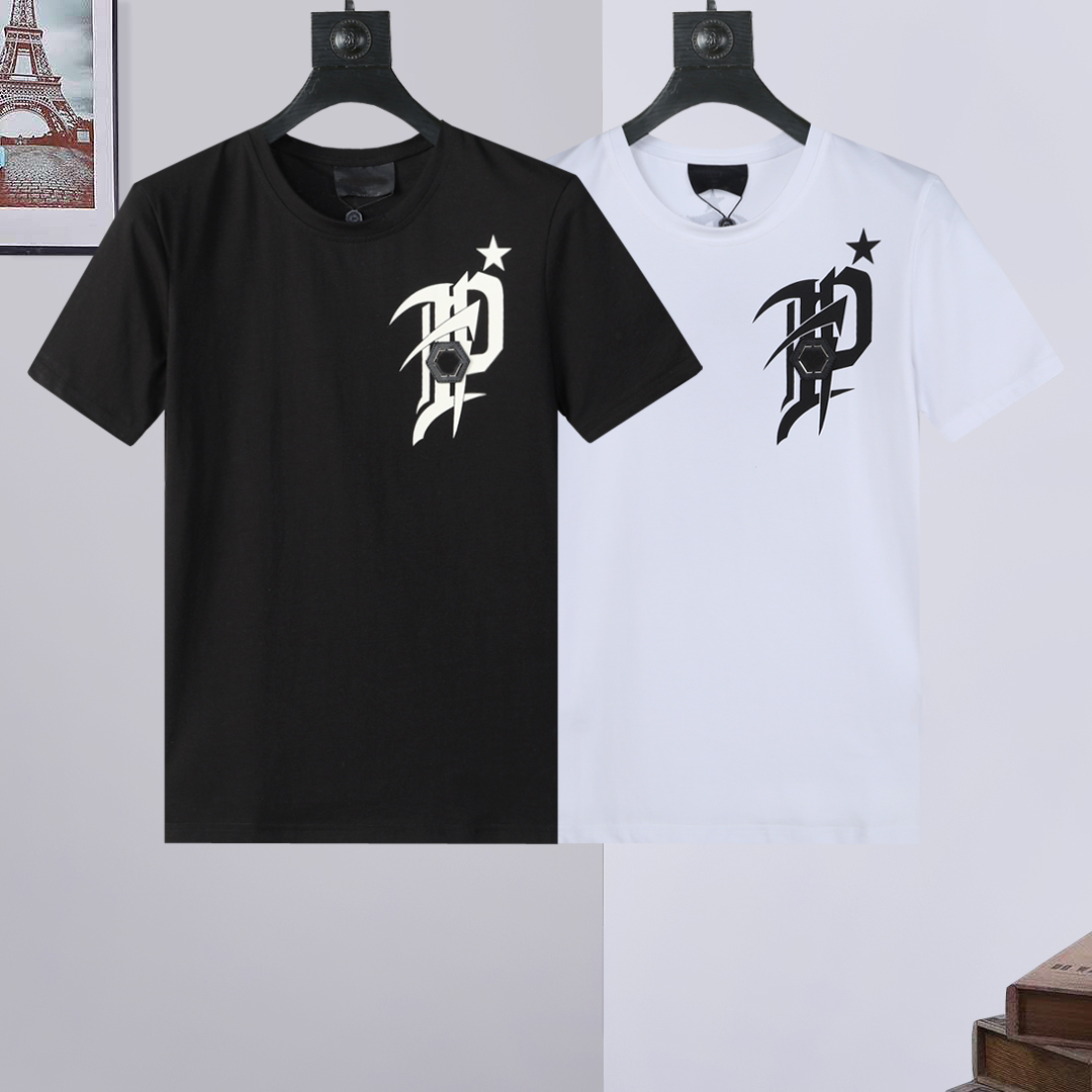

PP Fashion Men's Designer slim fit Casual rhinestone Short Sleeve Round Neck shirt tee Skulls Print Tops Streetwear collar Polos M-xxxL P757, White