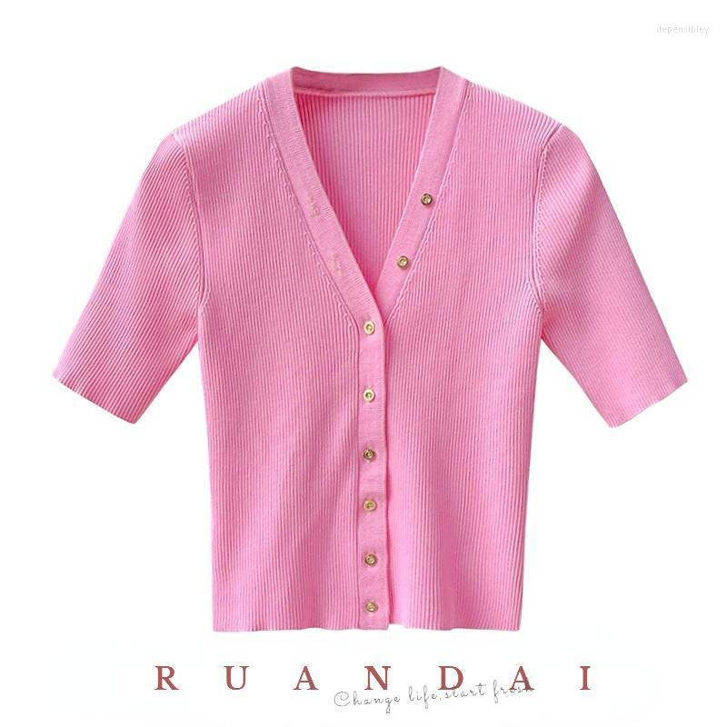 

Women' Knits & Tees Solid Color Button Design Short Sleeve Top FOR RUANDAI 2022 Summer V-neck Slim Fit Knit Cardigan Women Depe22, Green