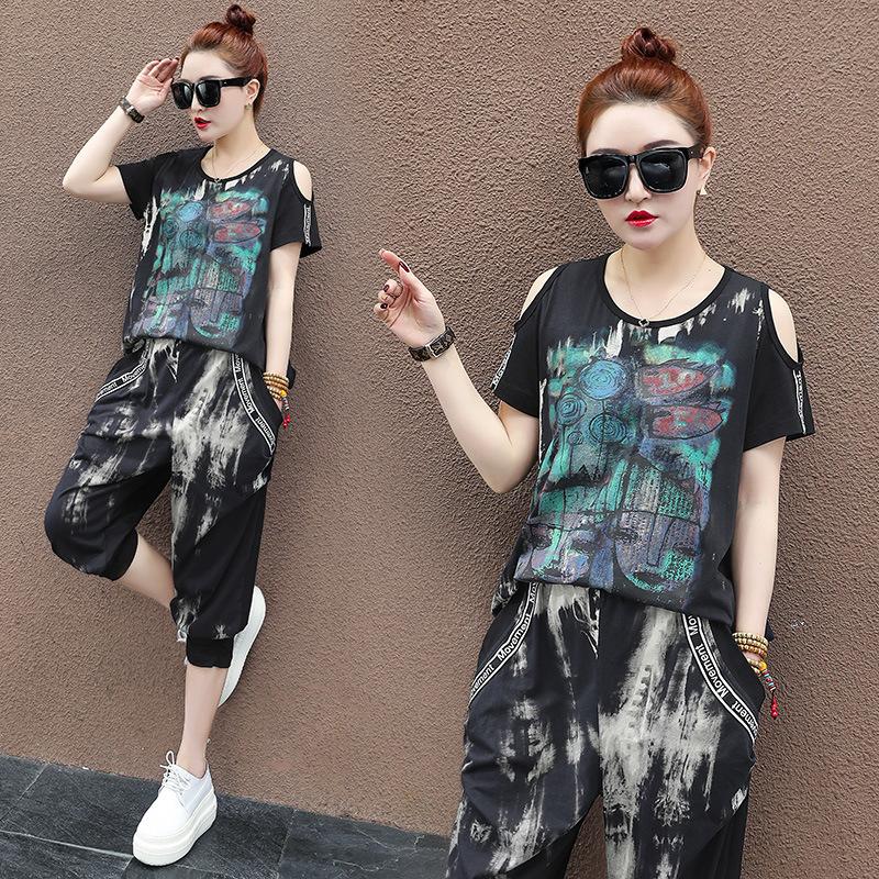 

Women's Tracksuits Suits Summer Fashion Ladies Off Shoulder Tops Tees And Harem Pants Women Luxury Printed 2 Piece Sets Casual Female Tracks, Black
