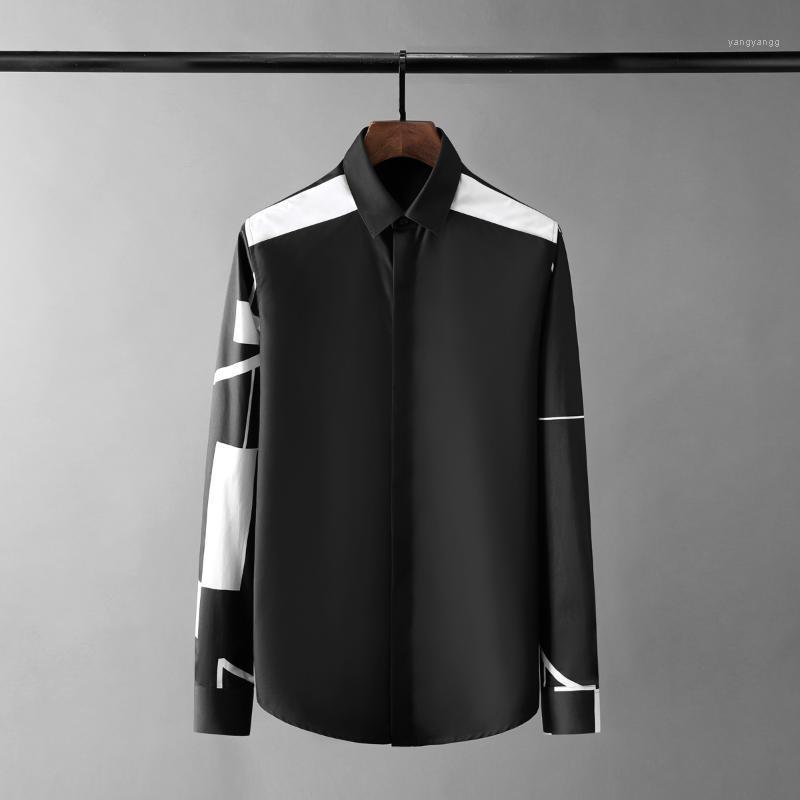 

Men's Casual Shirts Minglu Cotton Male High Quality Long Sleeve Geometry Printing Mens Dress Slim Fit Party Man 4XL, Black