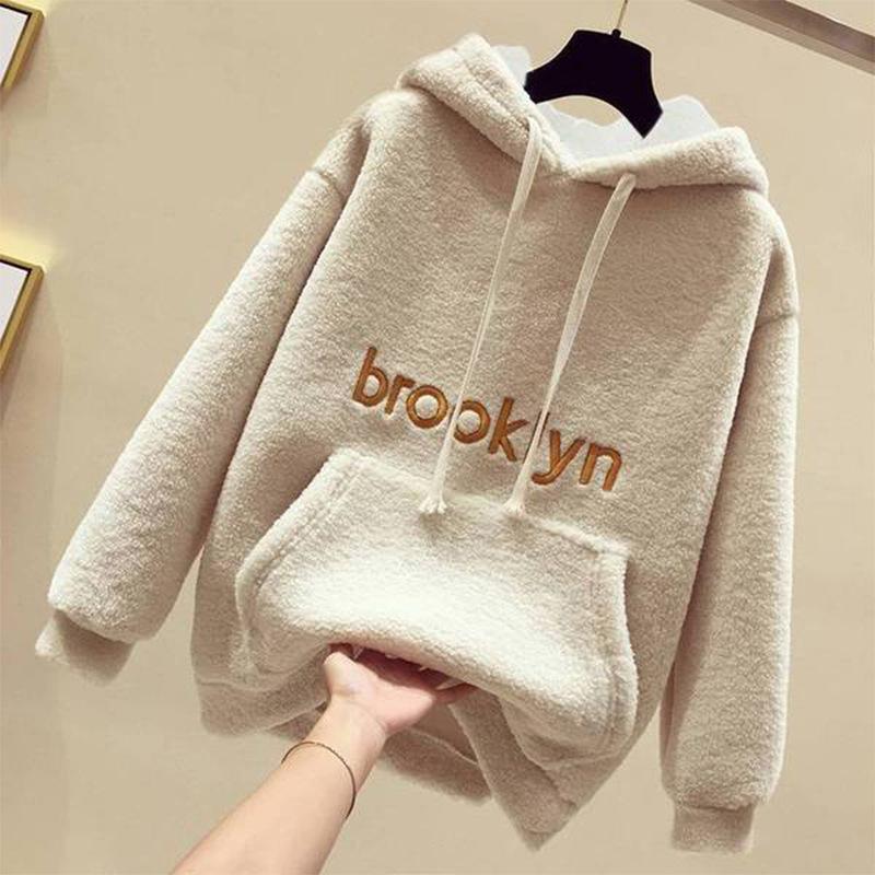 

Women' Hoodies & Sweatshirts Autumn And Winter Lamb Velvet Sweater Loose Hooded Top Plus Thick Warm Jacket WomenWomen, Beige