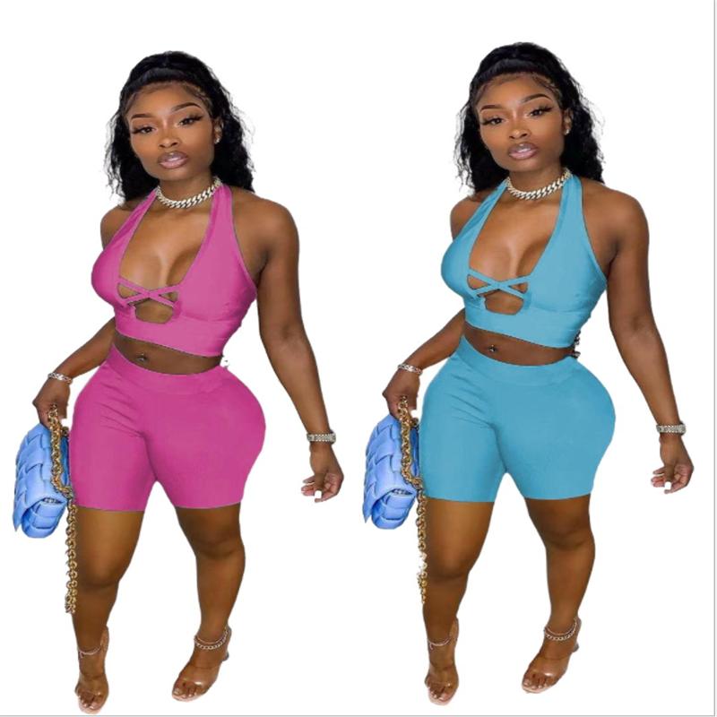 

Women' Tracksuits Simple Pure Color Deep V Neck Sleeveless Bro And Short 2 Pieces Set Sexy Tight Club TracksuitsWomen, Blue