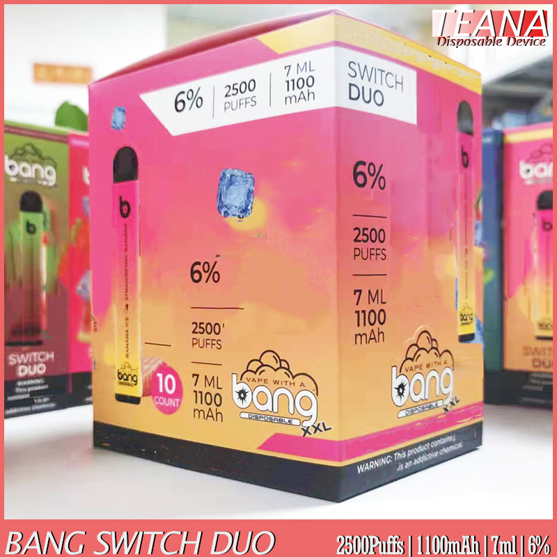 

Bang Switch Duo Disposable Vape E Cigarette Starter Kit Dual 2 IN 1 2500 Puffs Pen Bar Stick 1100mAh Battery 7ml Pre-filled Cartridges Adjustable cig Pod Kit Vapes, Remark colors