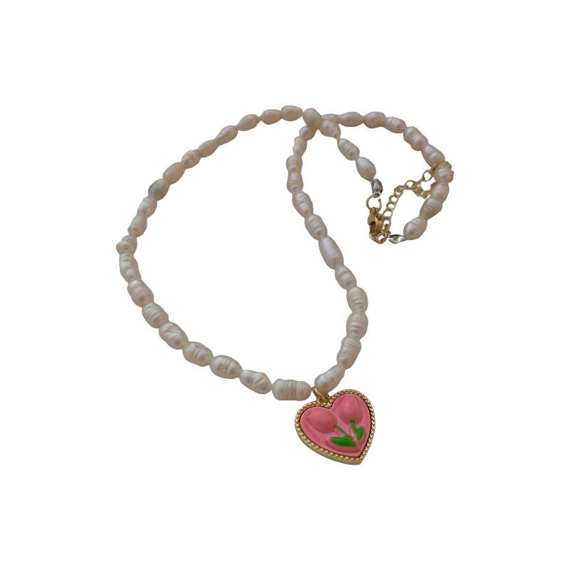 

Chokers Tulip Flower Heart Pendant Necklace Freshwater Pearl French Girl Sweet Clavicle ChainChokers