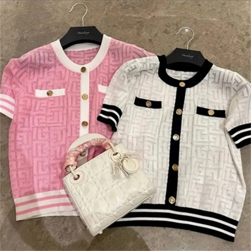

Fashion Tops & Tees Women Knit Sweater Letter Pattern Crew Neck Women's Casual Pullover Short Sleeve Tops Kintting Coats jumper size S-L, Pink