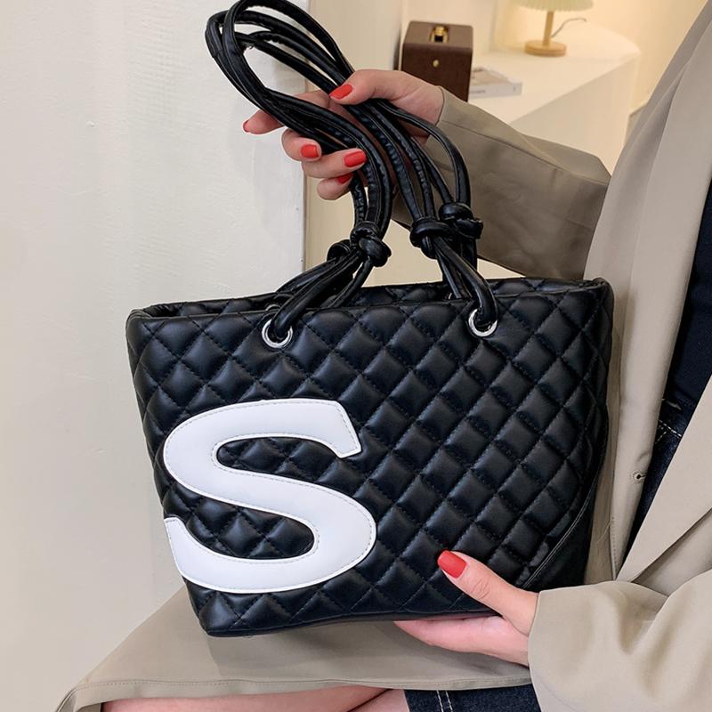 

Diamond Lattice Tote For Women Luxury Pu Leather Shoulder Bag Classic Black Plaid Handbag Female Casual Letter Shopper Bag