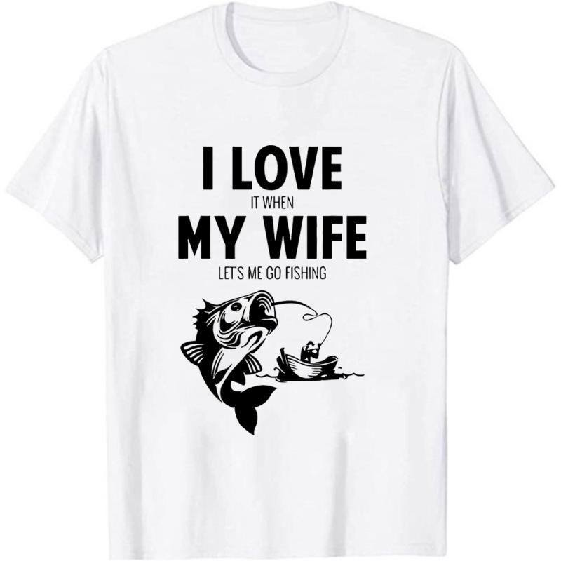 

Men's T-Shirts Awesome Cool Fish Birthday Gift For Husband Boyfriend T-Shirt Funny I Love When My Wife Lets Me Go Fishing Short Sleeves Tops, Black