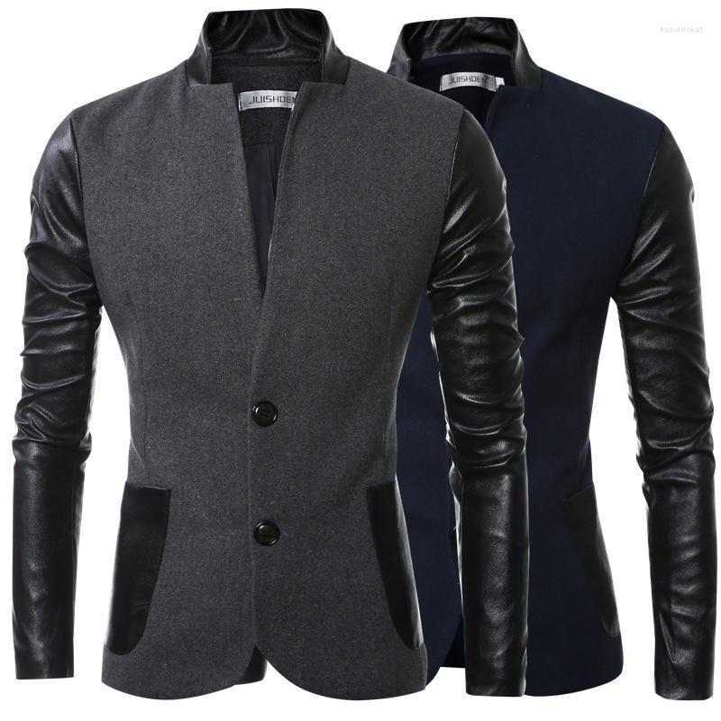 

Men's Wool & Blends Spring Autumn Men Stand Collar Slim Fit Casual Coat Blazer PU Leather Sleeve Jacket Bomber Kend22, Navy