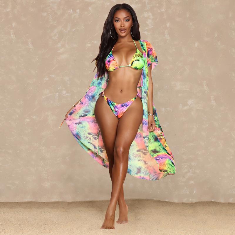 

Women' Tracksuits 2022 Summer Fashion Sexy Women Beach Skirt Digital Printed Bikini Shawl Three Piece SetWomen, Multi