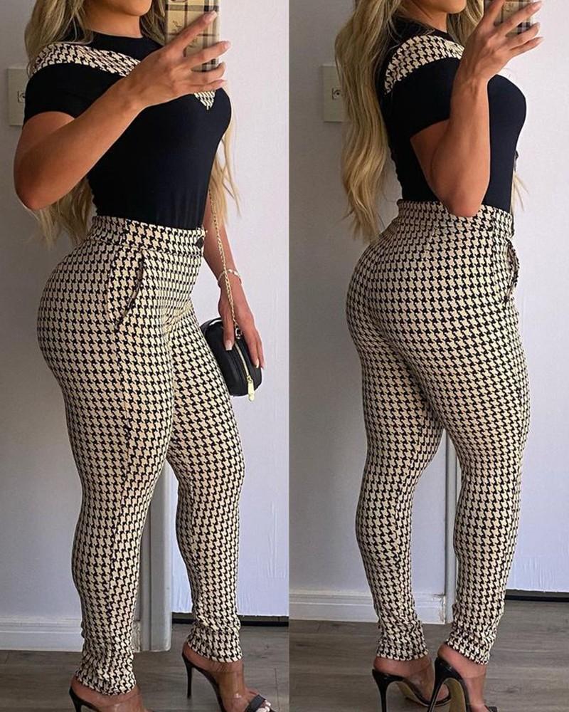 

Women' Two Piece Pants Suit Thousand Bird Check Round Neck Short Sleeve T-shirt + Elastic Waist Tight Leggings Two-piece