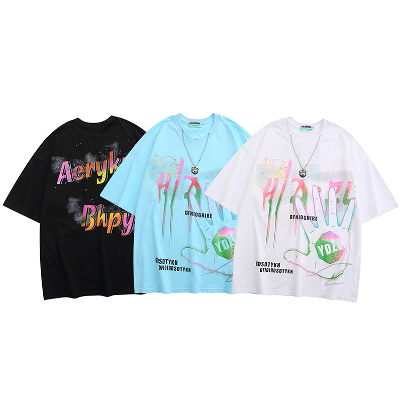 2022 Nouvelle Mode Design Inster Marée Marque High Street T-shirts HIP HOP Graffiti imprimé T-shirt à manches courtes décontractées surdimensionn