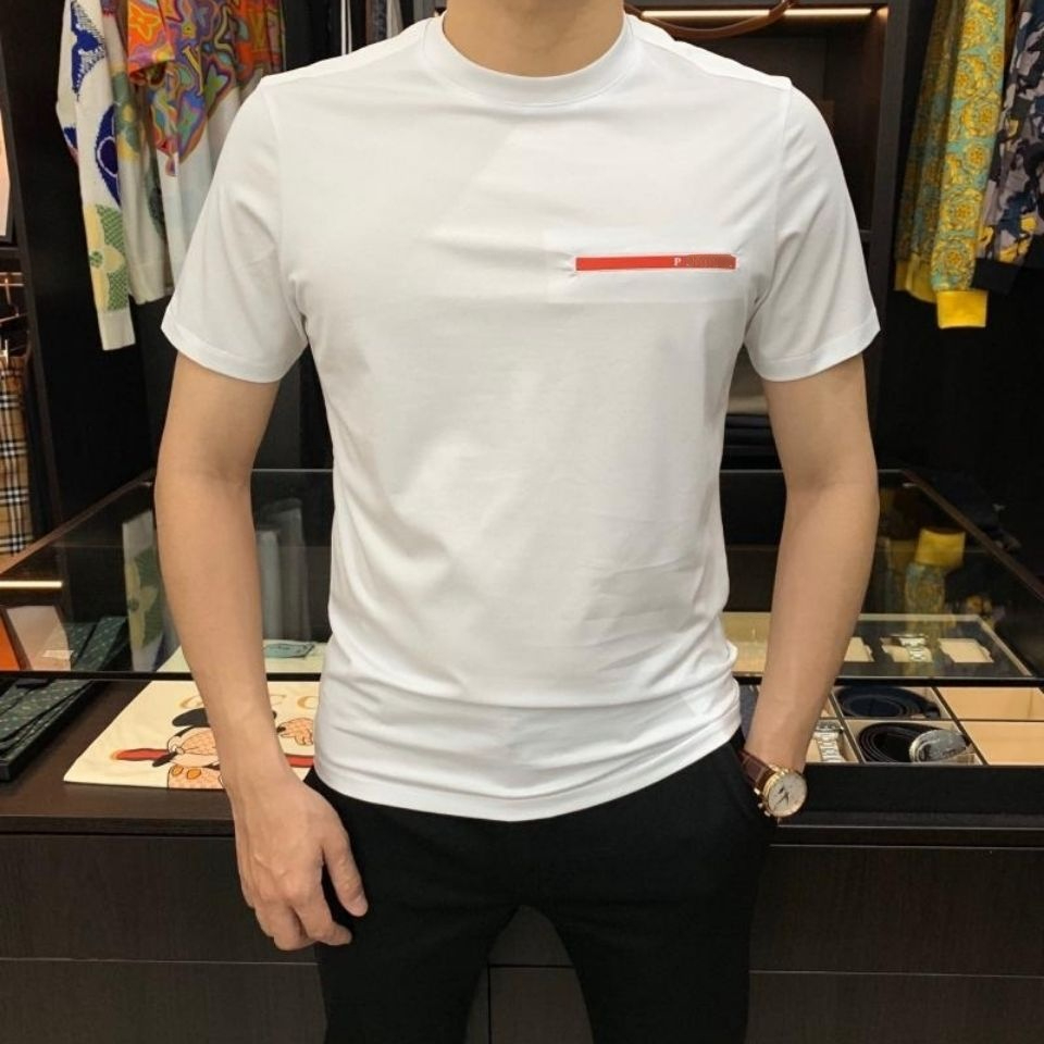 

High Quality Cotton t Shirt Trendy Brand Pra Red Decoration Short-sleeved T-shirt Fashion Loose Summer Breathable Sweatshirt Men' and, White
