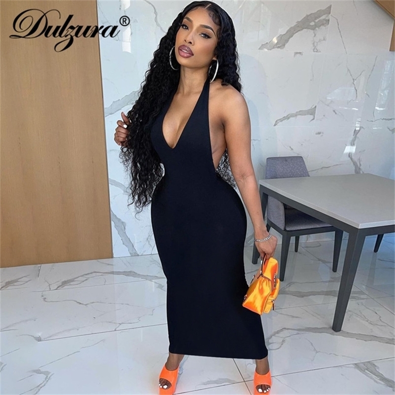 

Dulzura Pure Halter V Neck Midi Dress Backless Sleeveless Bodycon Sexy Streetwear Party Elegant Club Summer Clothes 220614, Auburn