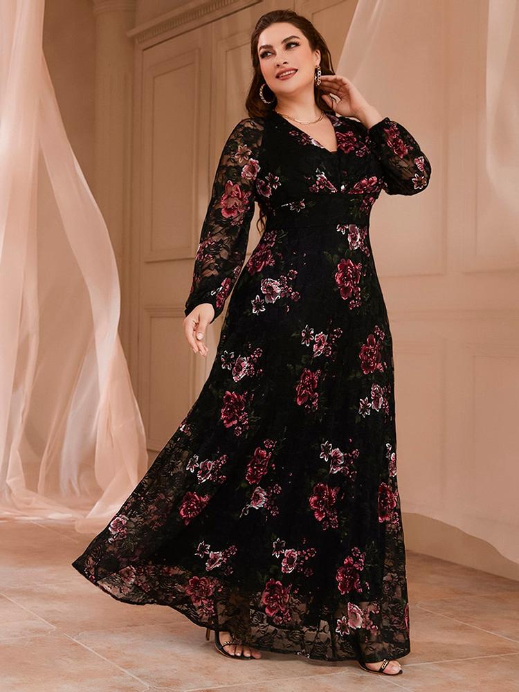 Robes de grande taille Femmes Grande Robe Maxi 2022 Printemps Chic Élégant Manches Longues Floral Turc Soirée Festival Robe VêtementsPlus