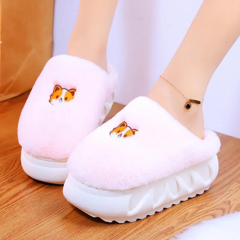 

Slippers Platform Pink Woman Fluffy Fuzzy Indoor Shoes Winter Warm High Heels Furry Slipper Female Cartoon Dog Home Cotton, Yellow b dinasour