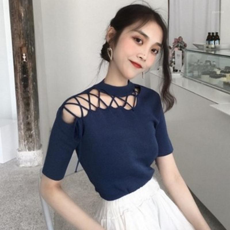 

Women's T-Shirt Harajuku Girls Korea Chic Hollow Straps Shoulder Short-sleeved Female Summer Solid Color Slim Tees Cotton O-Neck Knitted, Black