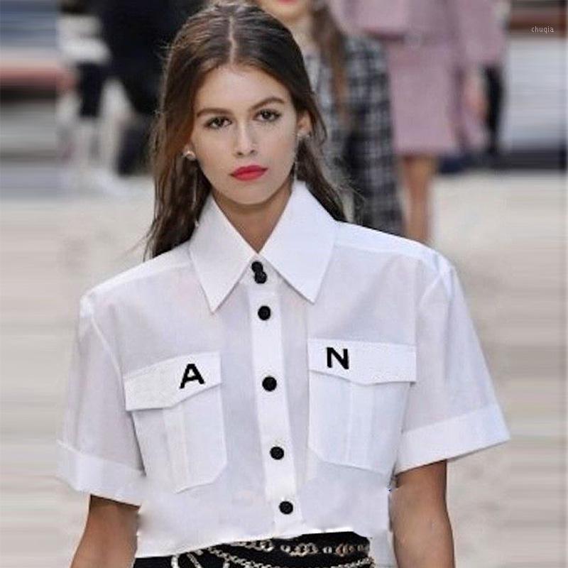 

Women' Blouses & Shirts Office Lady Work Women 2022 Spring Lapel Long Sleeve Front Pockets Metal Buttons Letter Designer White Shirt