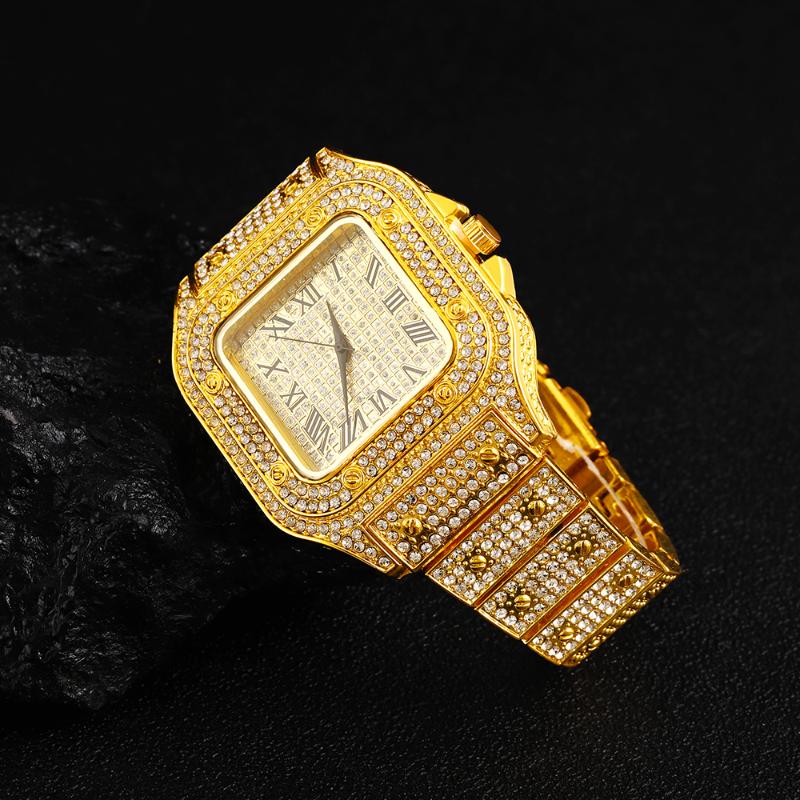 

Wristwatches 2022 Iced Out Men Watch Square Diamond Quartz Luxury Mens Wrist Watches Gold Roman Calendar Steel Clock Relogio Masculino, Slivery;brown