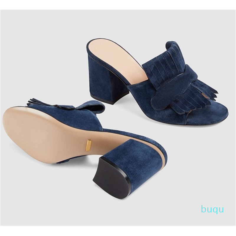 Sandales à plateforme en daim à talons mi-hauts pour femmes Chaussures de créateur Marmont Sandales à talons hauts en cuir véritable à franges av