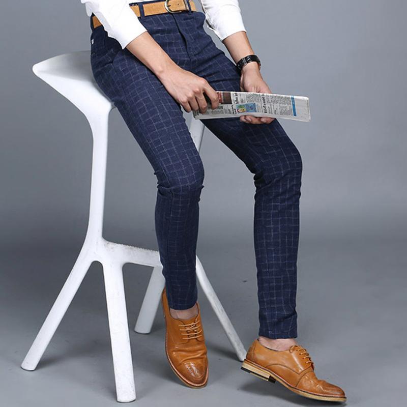

Men's Pants Plaid Check Men Dress Pant Slim Fit Blue Pantalon Costume Homme Summer For De Vestir Hombre