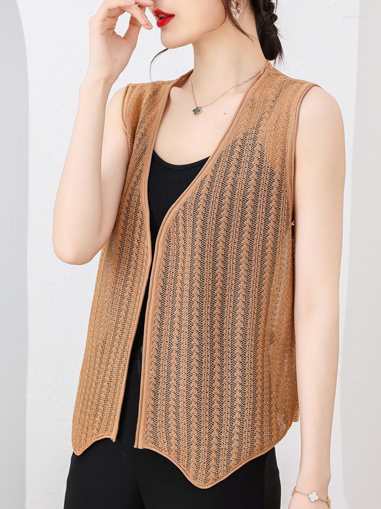 

Women's Knits & Tees Hollow Cardigans Sweater Women Summer Sleeveless Sweaters Slim Thin V Neck Cardigan Depe22, Khaki