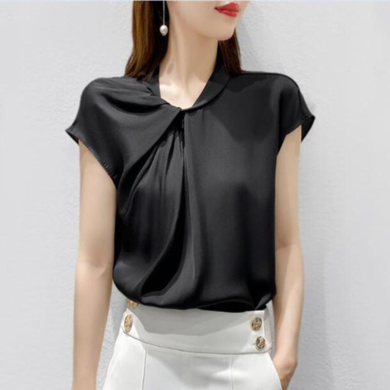 

Women's Blouses & Shirts Black White Elegant Wild Office Lday Chiffon Blouse Summer Women Streetwear Artificial Silk Tops Pleated Acetate Sa
