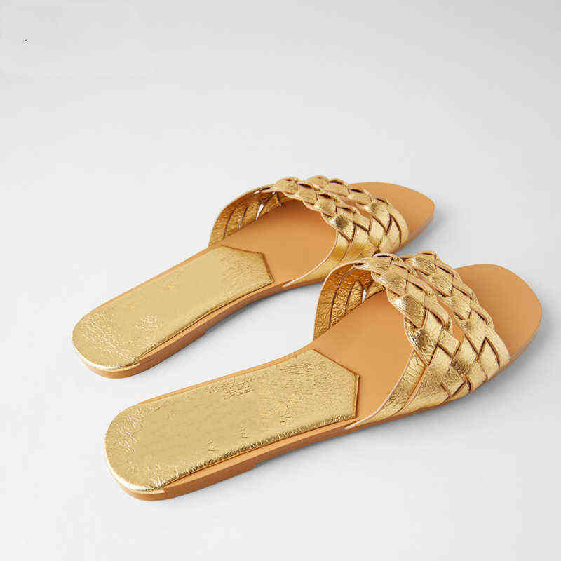 

Slipper 2023 New Gold Woven Flat Heel Beach Shoe Casual Sandal Woman Outdoor Mule Slide 220622, Black