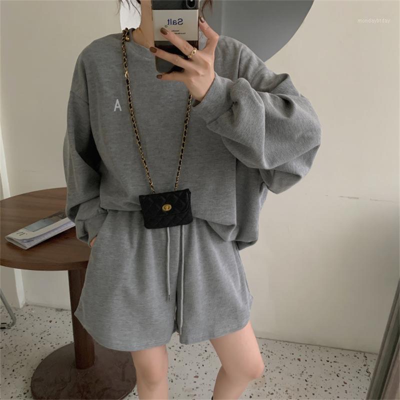 

Women' Tracksuits Alien Kitty Sports Two Pieces Suits Minimalist OL Loose Sweatshirts Autumn Femme Chic 2022 High Waist Solid Wide Leg Shor, Grey shorts