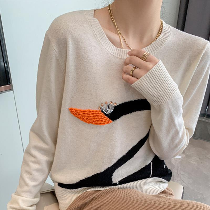 

Women Knitwear Autumn Winter Elegant Sweater Long Sleeve Beading Swan Sweaters Female O Neck Pullovers Lady Jumper Knitted Tops, Beige