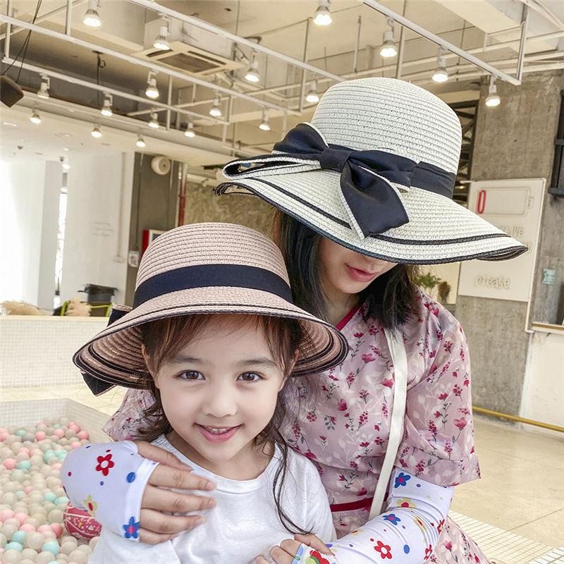 

Wide Brim Hats Parent-child Women Straw 2022 Summer Panama Hat Children Sun Visor Ladies Cap Female Outdoor Beach Chapeau MZ110Wide, Navy blue-kid