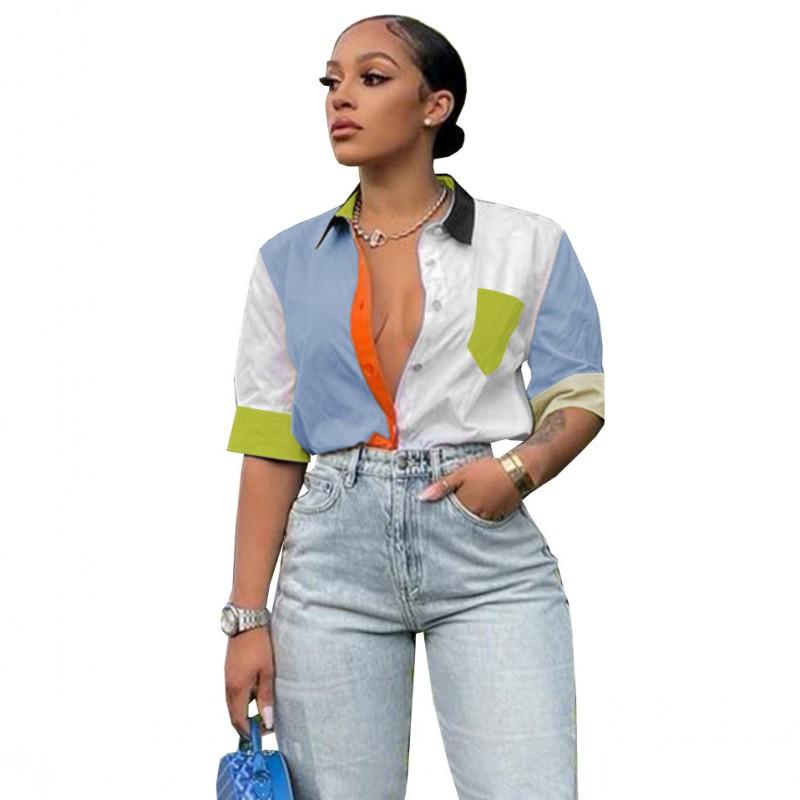

Women' Blouses & Shirts Straight Women Tops Turn Down Collar Half Sleeve 2022 Summer Patchwork Pocket Streetwear Female Blusa TunicsWomen, Green