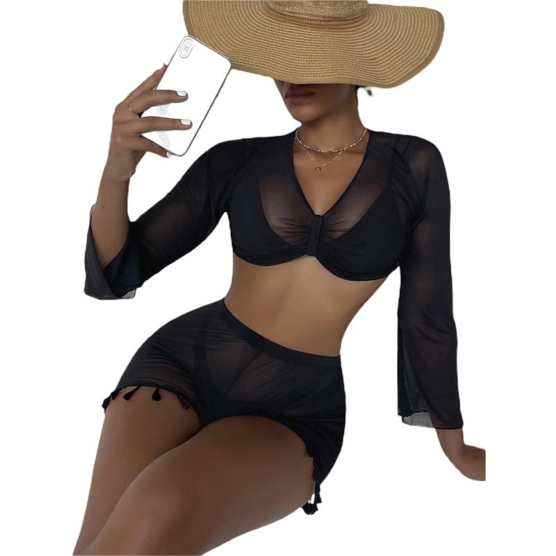 

Women' Swimwear Sexy Women Sheer Bikini Cover Up Set Ladies Girls Perspective Long Sleeve Cropped Tops Tassel Shorts Beach Bathing Suit Swi, Black