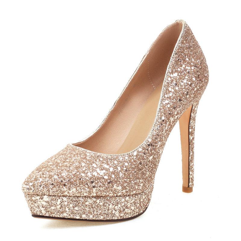 

Dress Shoes 12cm Women Classic Pumps Extreme High Heels Platform Sexy Gold Silver Bling Stilettos Ladies Pointed Toe Large Size 11 12