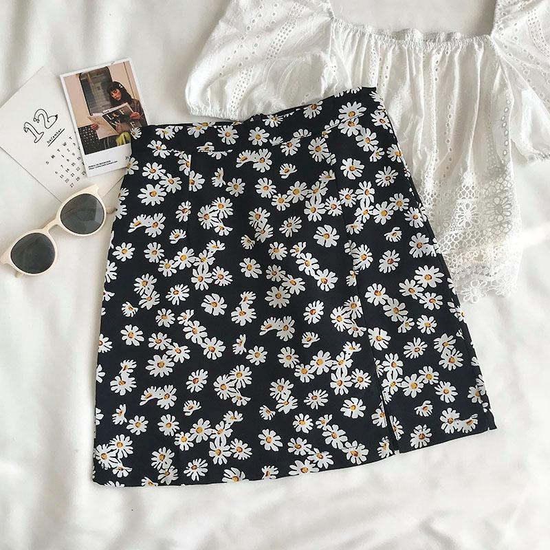 

Summer Women Skirt Daisy Pattern High Waist Flower Printed Short Mini Pencil Black Skirts