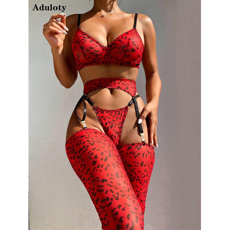 

Bras Sets Aduloty Women's Red Leopard Print Sexy Lingerie Set Thin Lace Bra Garter Belt Thong Stockings Temptation Erotic UnderwearBras