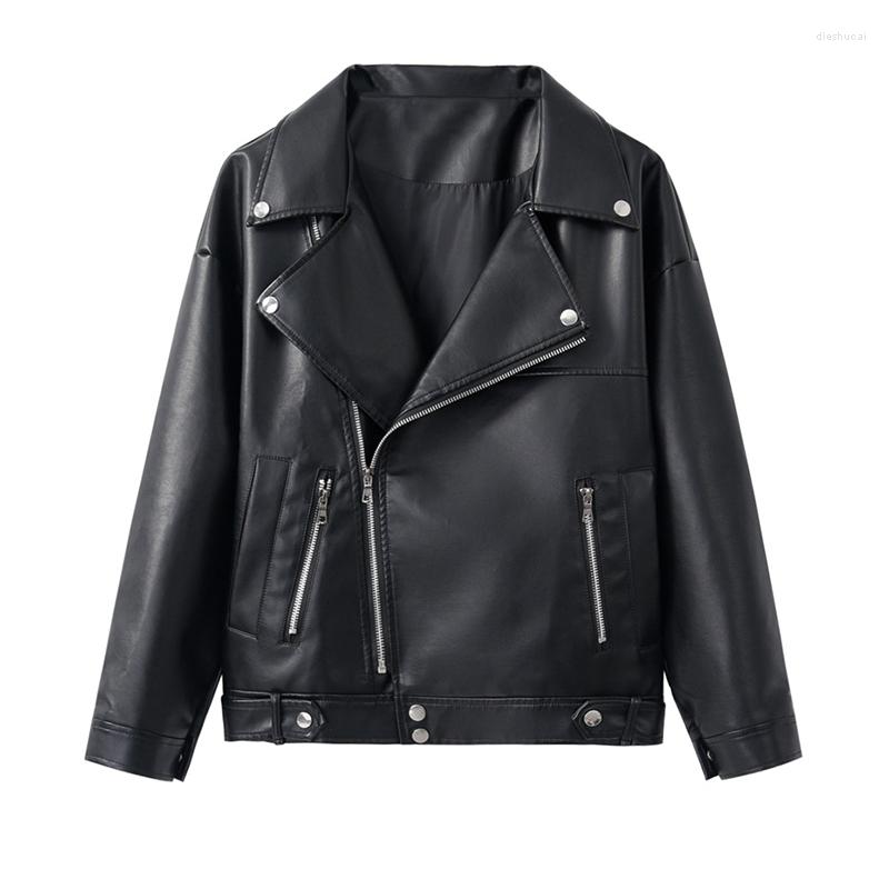 

Women' Leather & Faux Women' Loose PU Jacket Spring Autumn Moto Biker Jackets Turan Down Collar Basic Black Coat OuterwearWomen