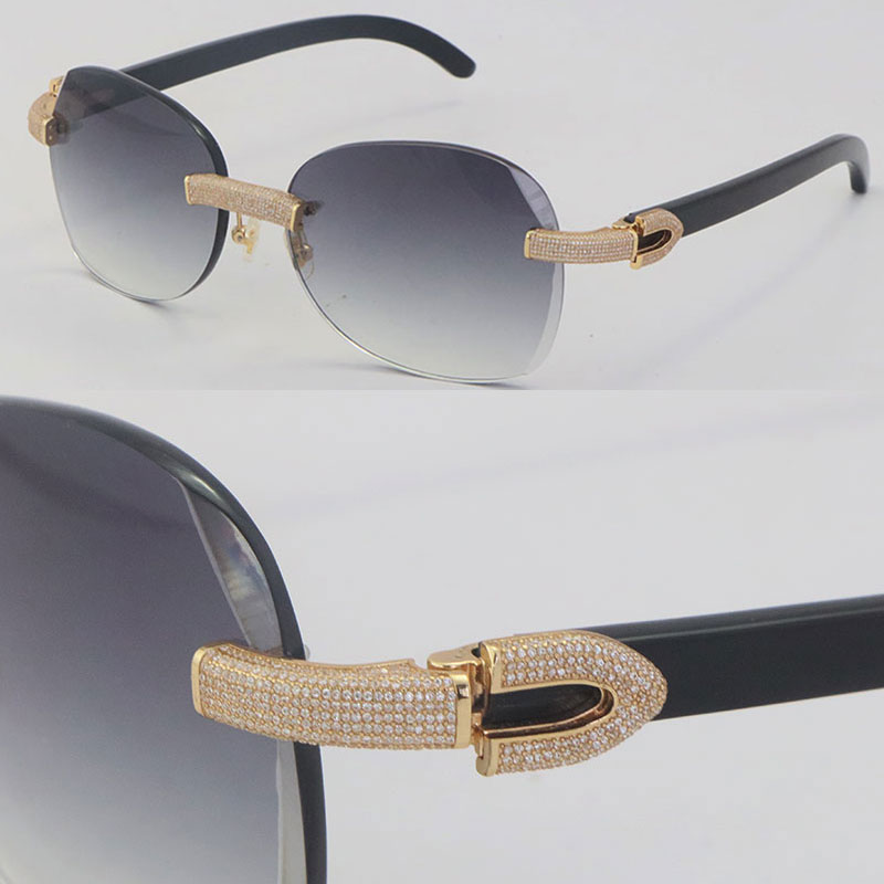 

New Micro-paved Diamond Set Rimless Metal Sunglasses 3524012 Original Black Buffalo horn Luxury Frame 18K Gold C Decoration Male and Female Glasses 3.0 Thickness Lens