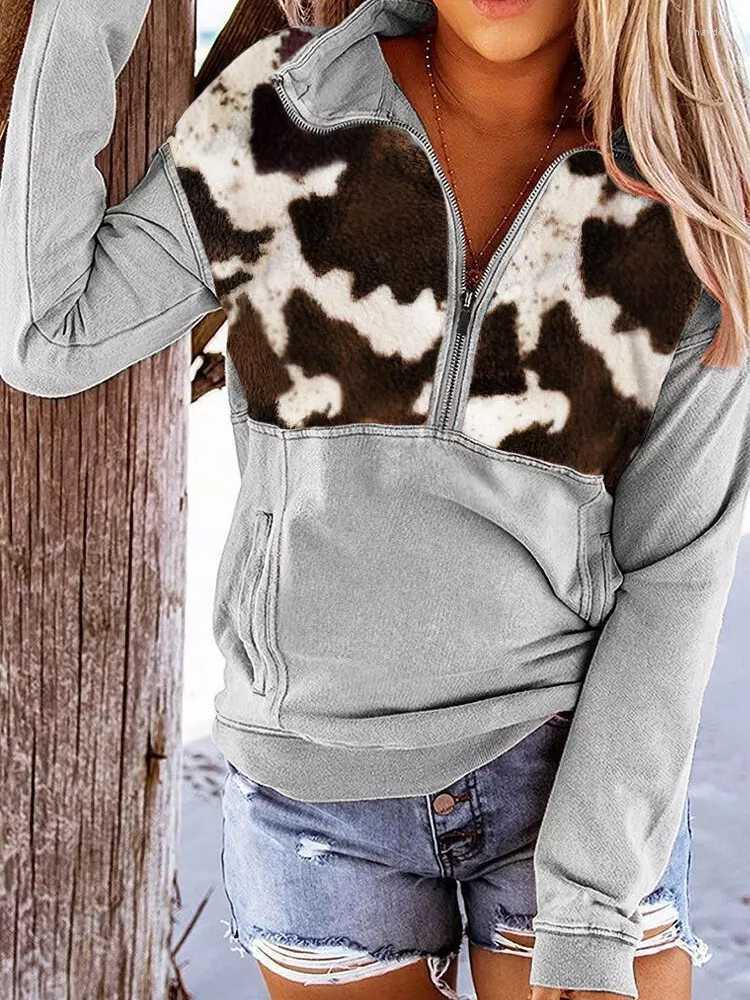 

Women' Hoodies & Sweatshirts Cow Pocket Long Sleeve Zipper Pullover Turn-down Collar Drop-shoulder Hoodie Tops Women Sudaderas Con, Black