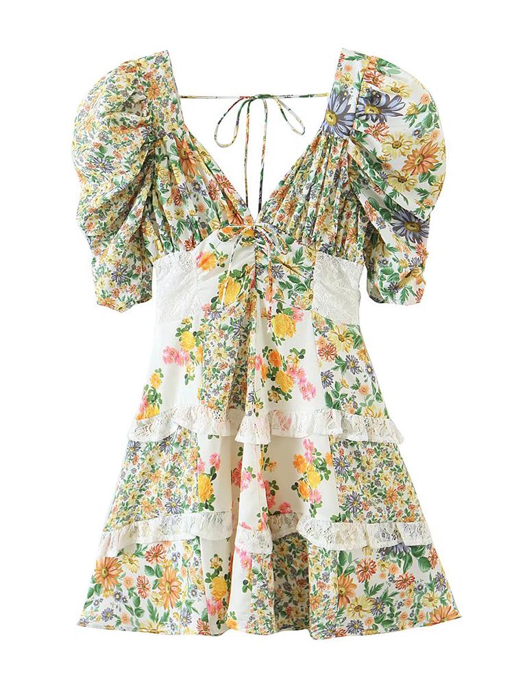 Robes de soirée YENKYE femmes Vintage imprimé fleuri dentelle garniture vacances Boho Robe Sexy dos nu col en V dames été Style français Robe cou
