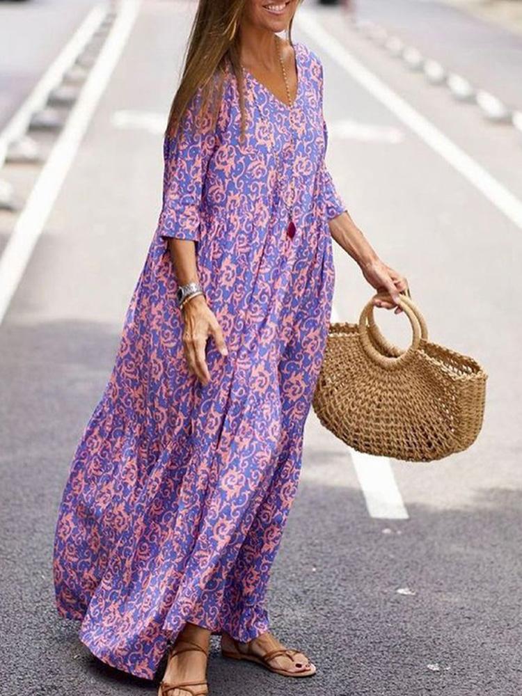 

Casual Dresses Ladies Fashion Half Sleeve Long Pullover Dress Vintage Printed Women 2022 Spring Summer V-Neck Maxi, 01 red