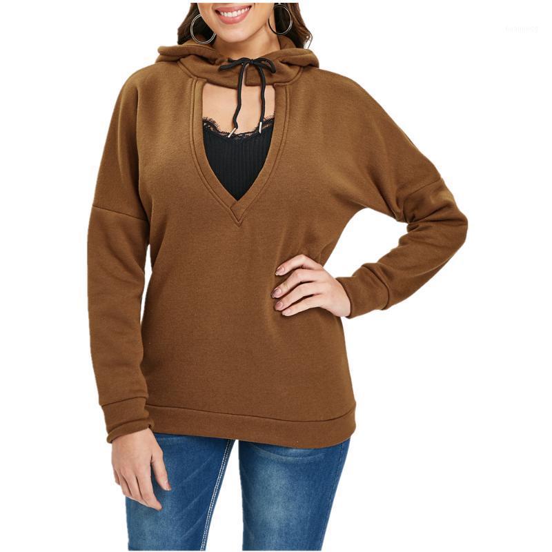 

Women' Hoodies & Sweatshirts 2022 Autumn Winter Solid Coffee Women Sexy Low V Neck Back Cut Out Drop Shoulder Casual Pullovers Tops, Brown