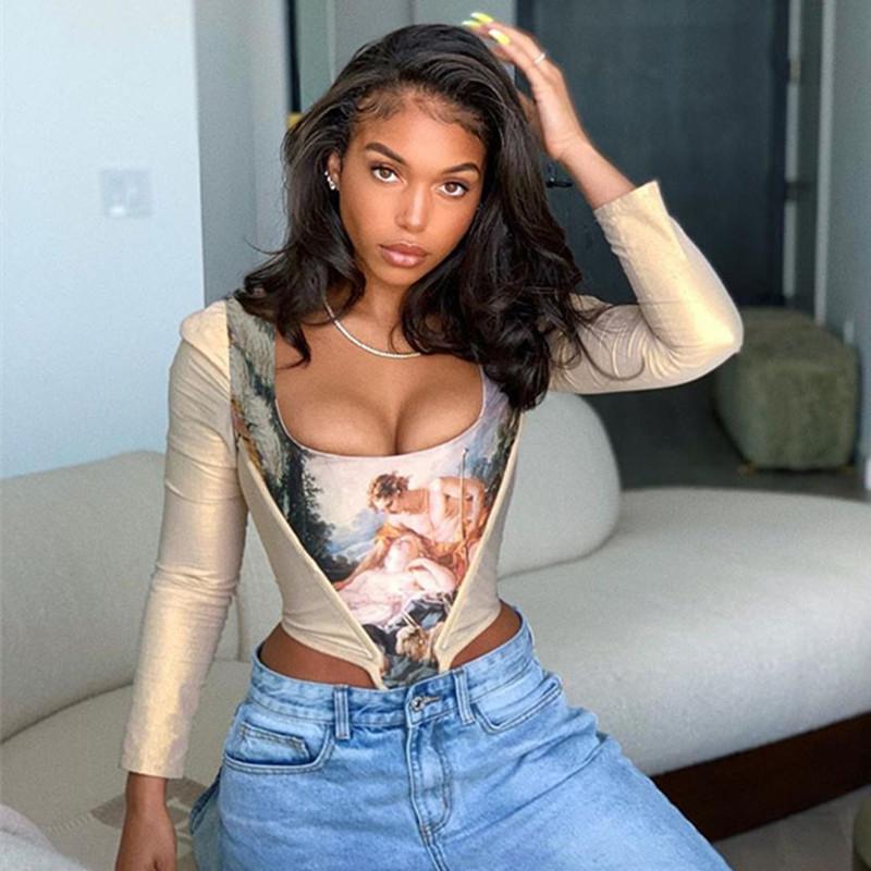 

Women' Blouses & Shirts Vintage Print Blouse Women Long Sleeve Square Neck Corset Crop Top Punk Club Sexy Tops Summer AutumnWomen, Beige