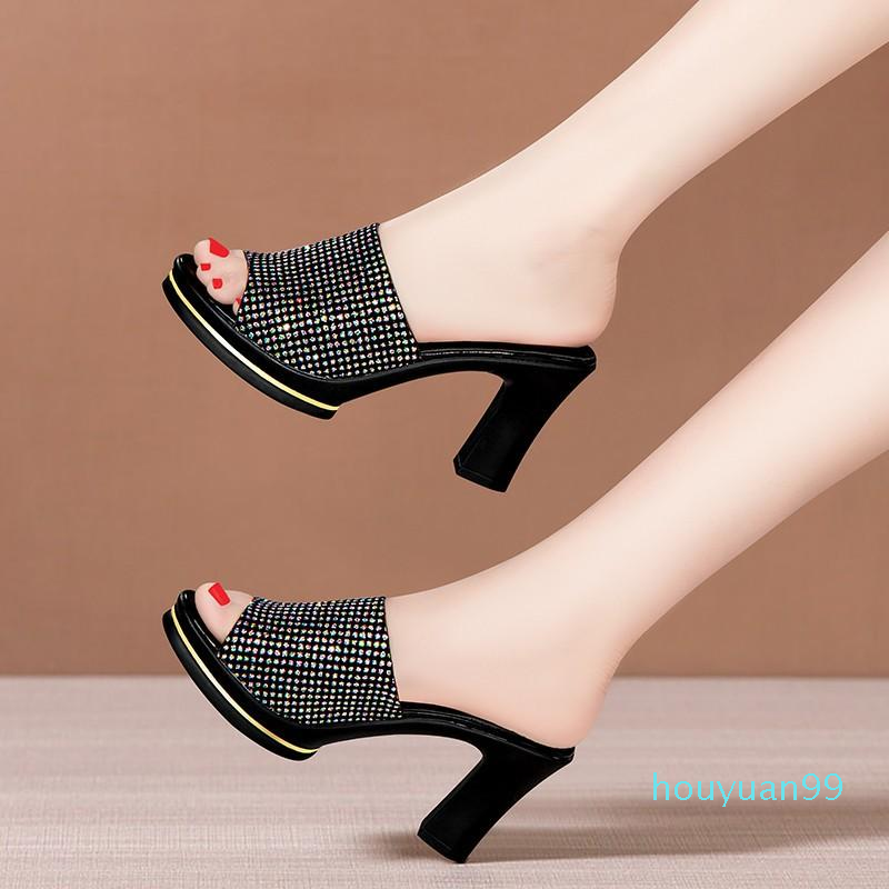 

Fashion Dress Shoes Summer Graceful Stylish Women's Open Toe Sandals Casual High Chunky Heels Platforms, Black 5cm