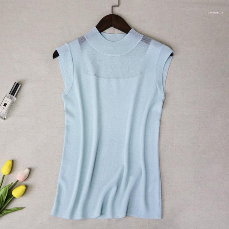 

Womens Sleeveless Solid Knitted Mesh Blouses 2022 Summer Ladies Elegant Fashion Stand Collar Feminine Woman Korean Tops Women's & Shirts1, Blue